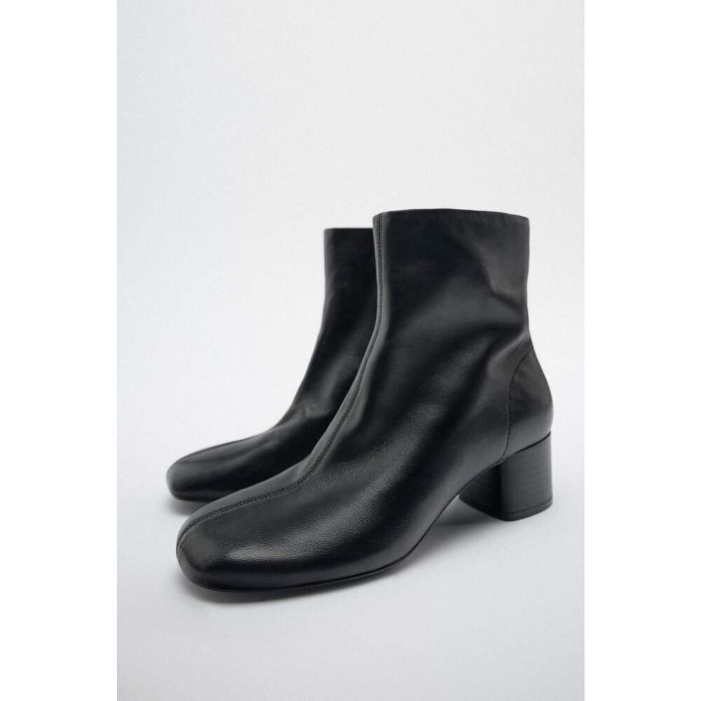 Zara Black Leather Square-Toe Block Heel Ankle Boots